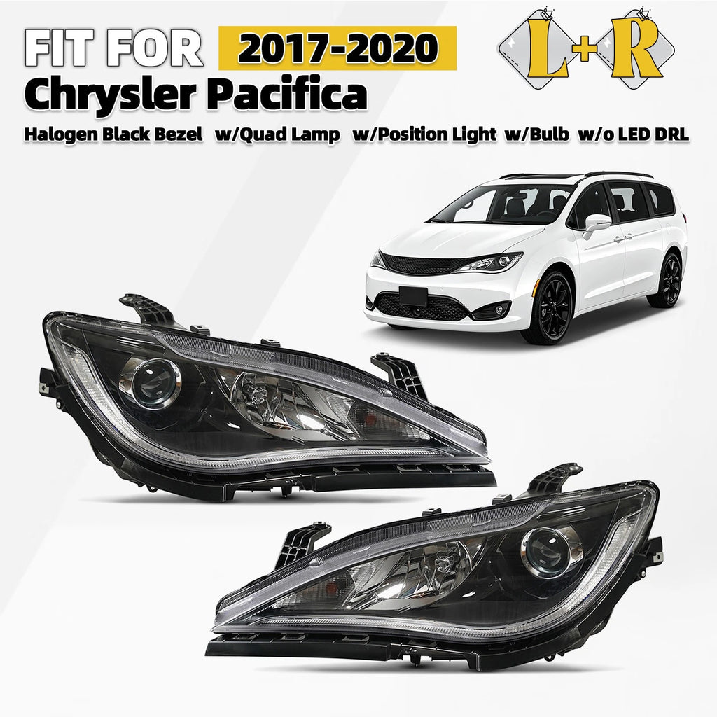 Halogen Headlight Set for Chrysler Pacifica (2017–2020) w/Bulb Black Bezel