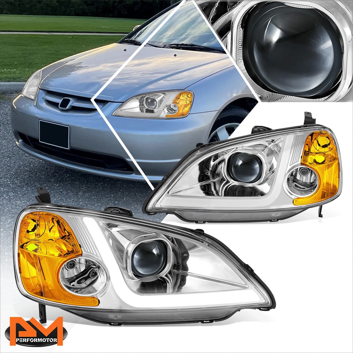 3D LED DRL Projector Headlights for Honda Civic Sedan (2001–2003) - Chrome/Amber