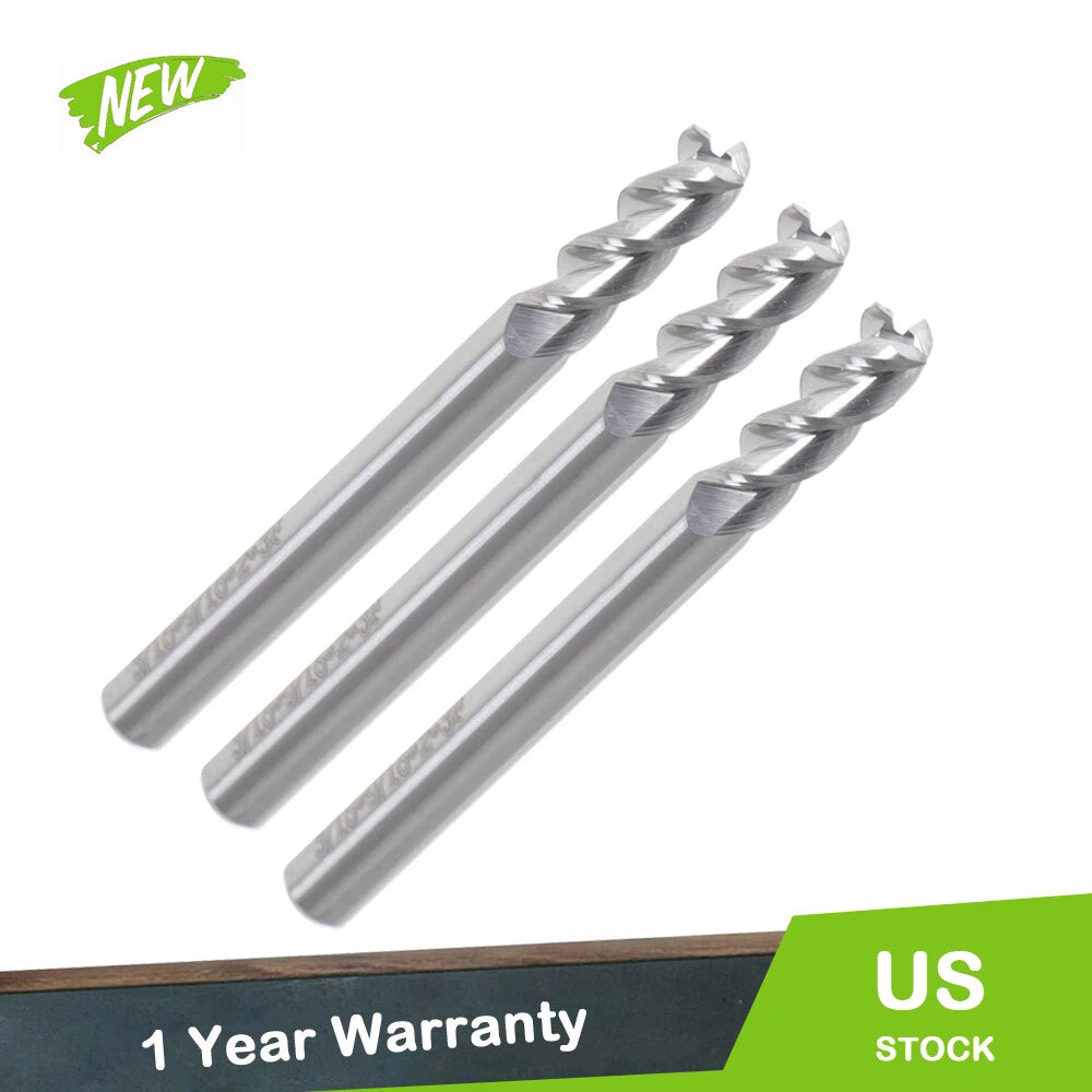 Set of 3 Carbide End Mills 3/16" 3 Flute 9/16" LOC 2" Length