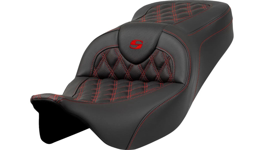 Saddlemen Roadsofa Seat for Harley FLH (No Backrest) - Lattice Stitch Red Stitch