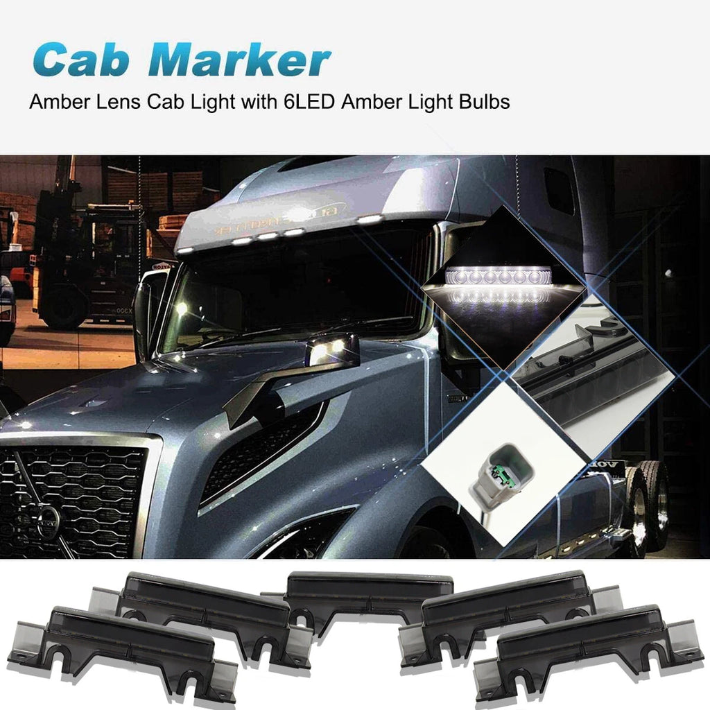 Set of 5 Smoked Lens White LED Cab Roof Marker Lights for Volvo VN/VNL (2003–Present)