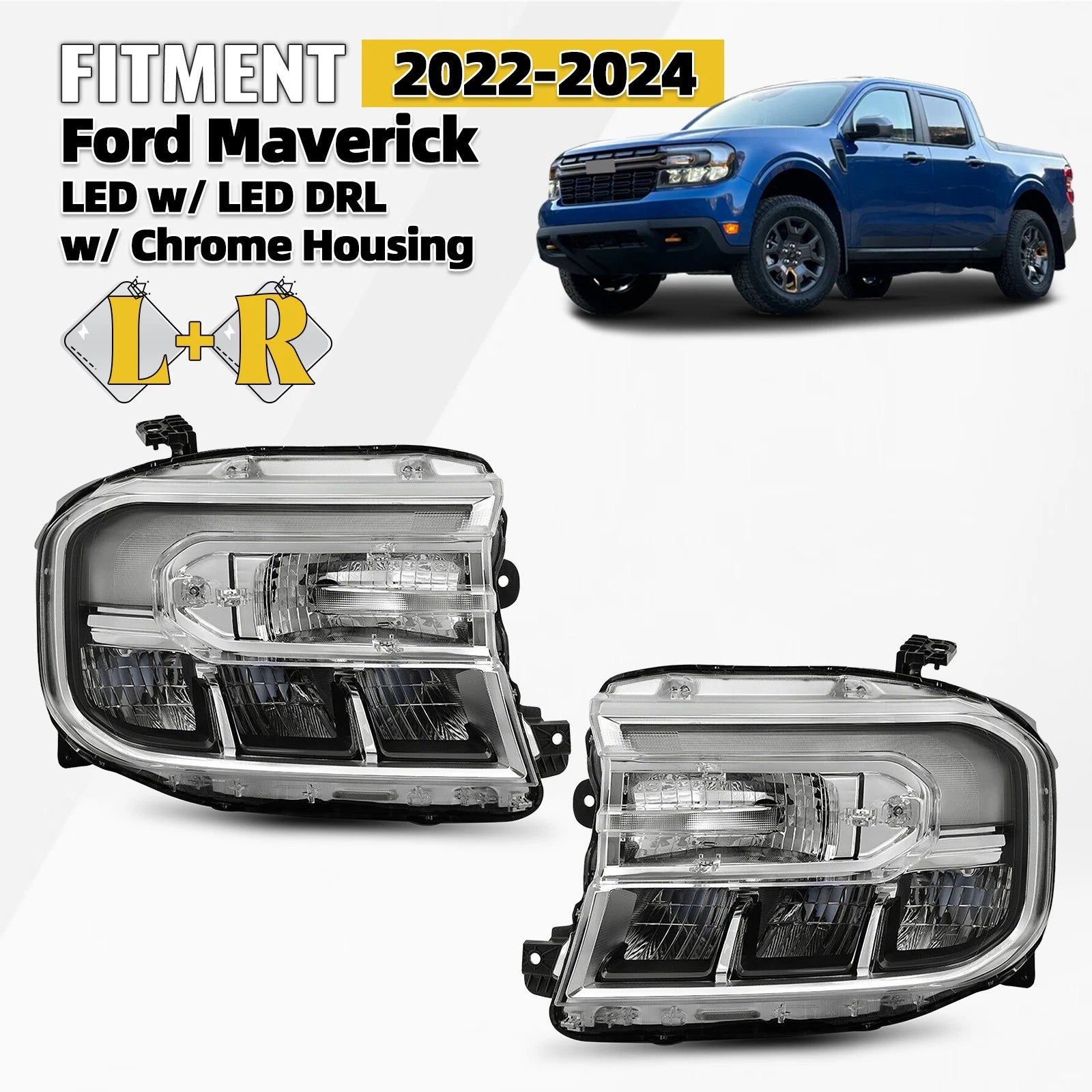 Set of 2 LED Headlights for Ford Maverick Lariat (2022–2024) w/ DRL & Module
