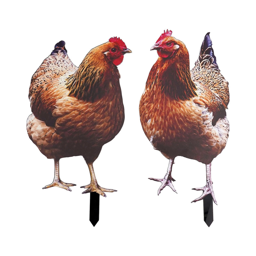 Set of 2 Chicken Garden Statues with Sign Poles