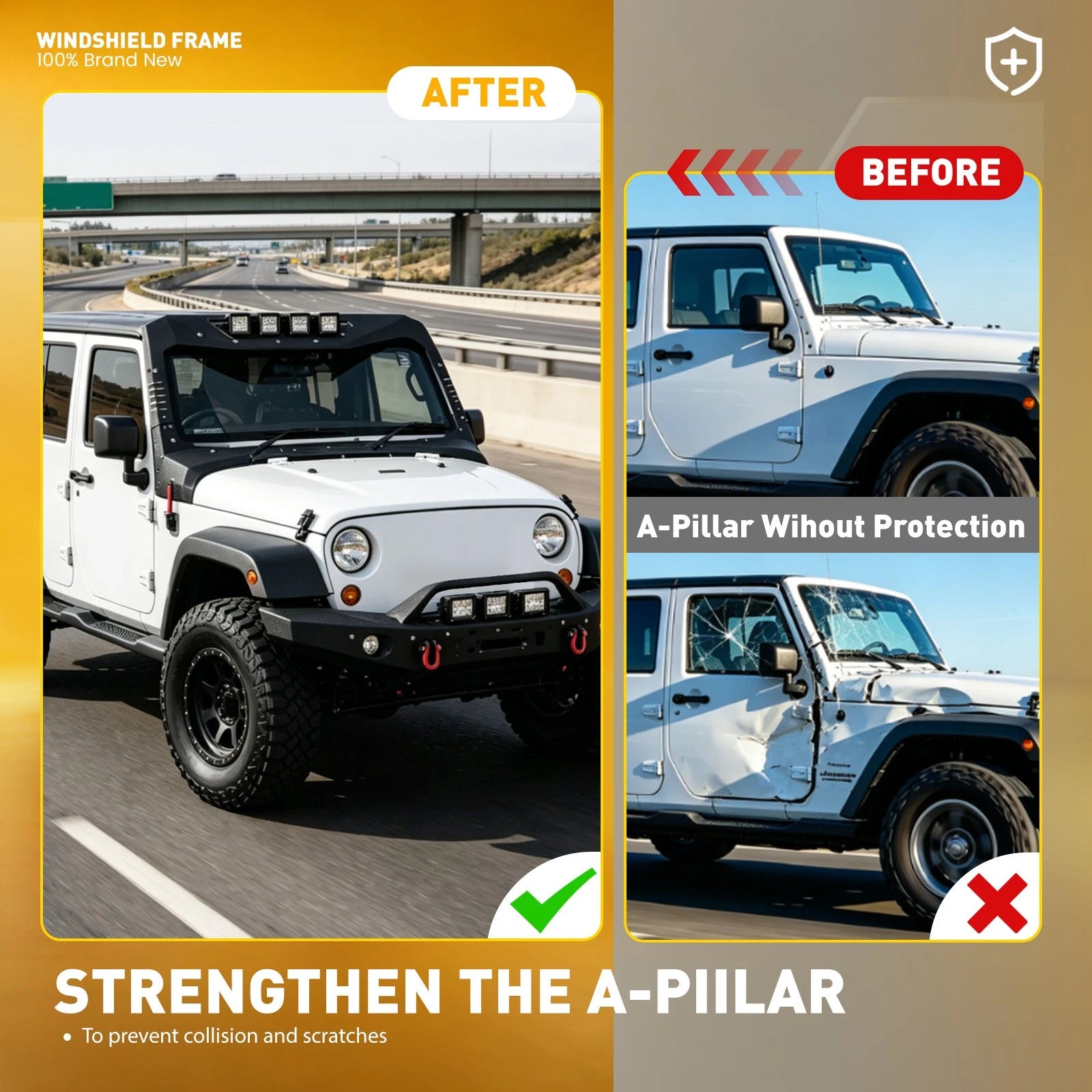 Windshield Frame Cover Cowl Armor with LED Lights for Jeep Wrangler JK (2007–2018)