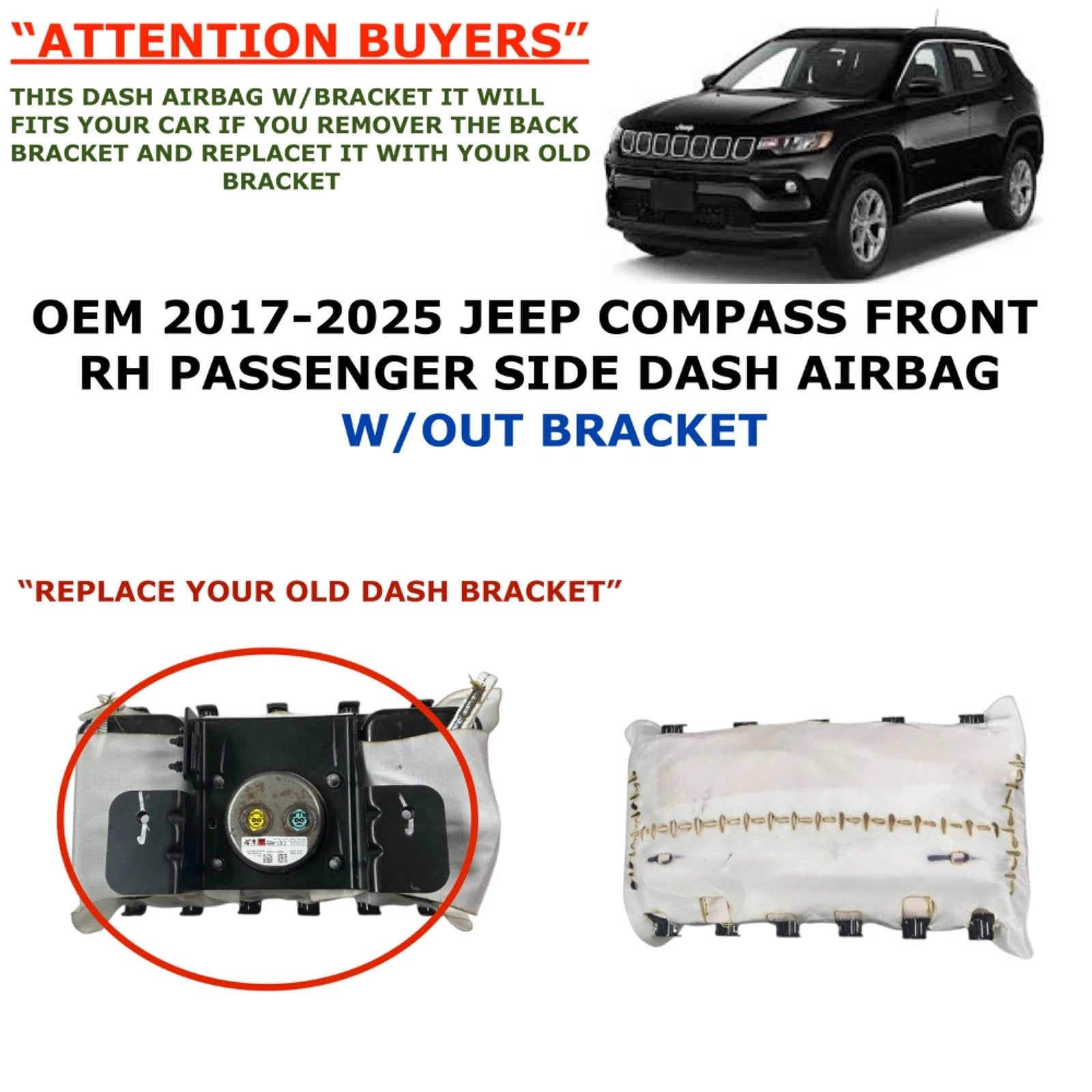 Right Side Dash Airbag for Jeep Compass (2017–2025) W/O Bracket