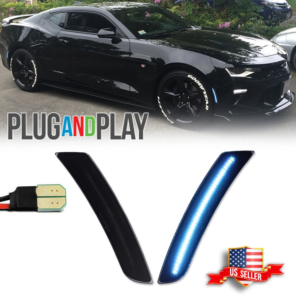 2X Smoked Ice Blue LED Side Marker Lights for Chevy Camaro (2016–2023)