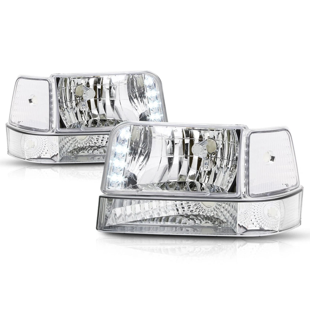 LED DRL Headlight for Ford F150/F250/F350 (1992–1996) Chrome Housing Clear Corner