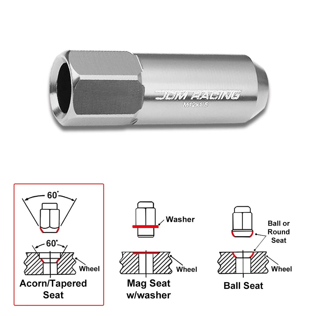 Set of 20 M12X1.5 Silver JDM Open-End Acorn Hex Wheel Lug Nuts + Extension 25mmx60mm