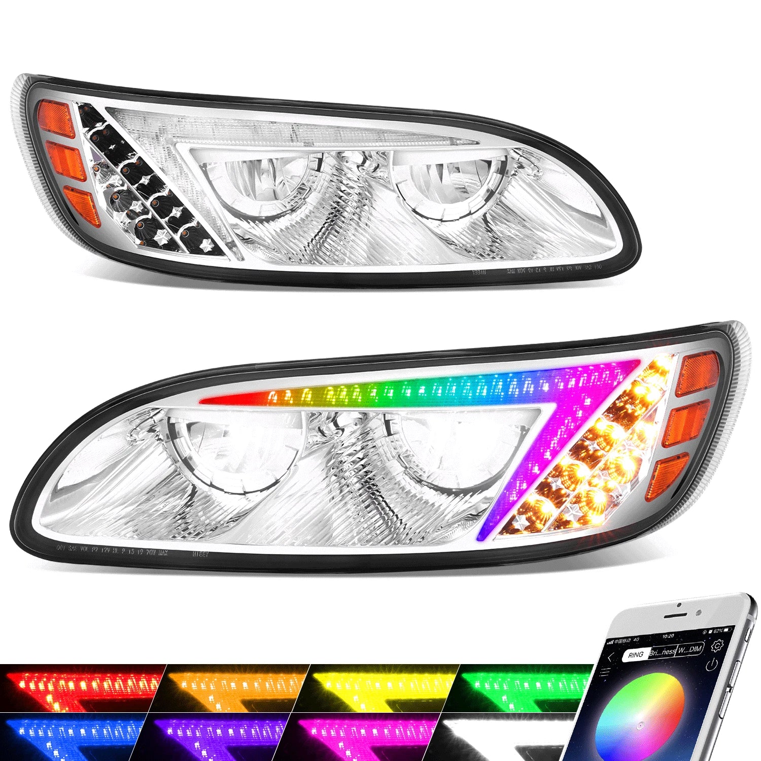 Chrome Amber LED Reflector Headlights for Peterbilt 325/330/335/337/340 (1999–2020)