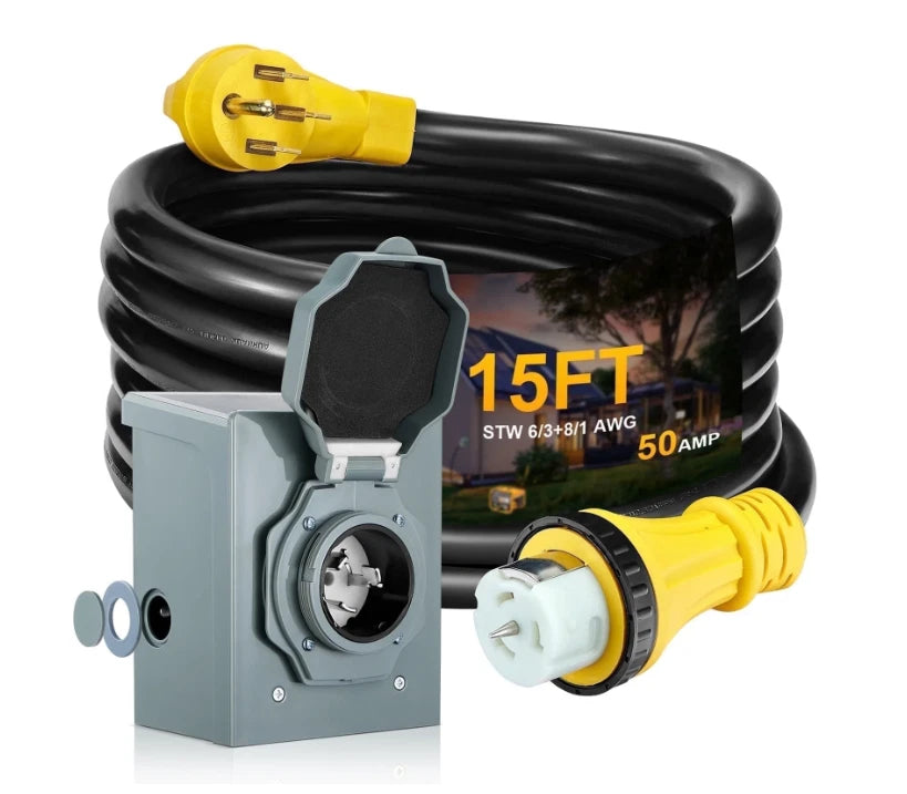 15FT 50A RV Extension Cord with Generator Inlet Box