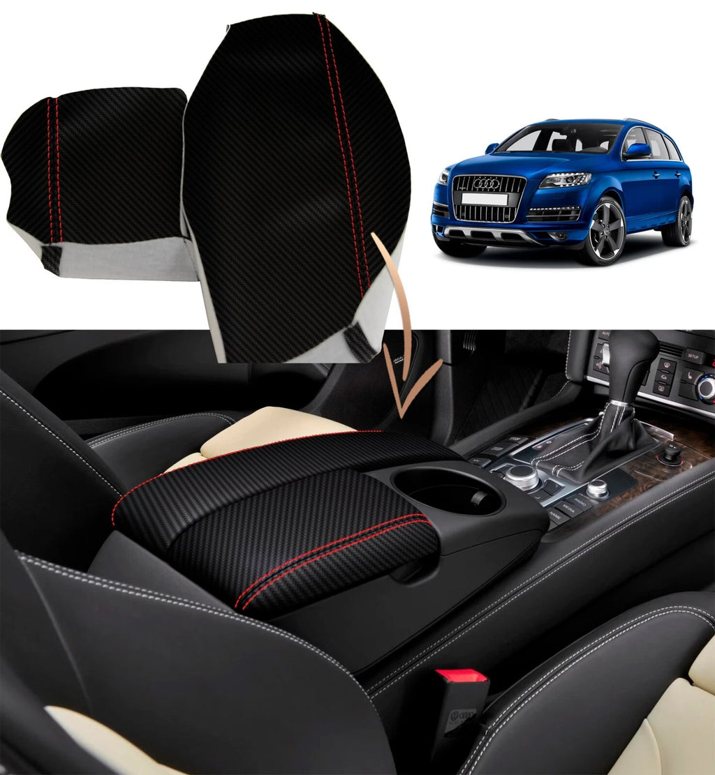 Carbon Fiber Console Lid Armrest Cover for Audi Q7 (2007–2015) Red Stitch