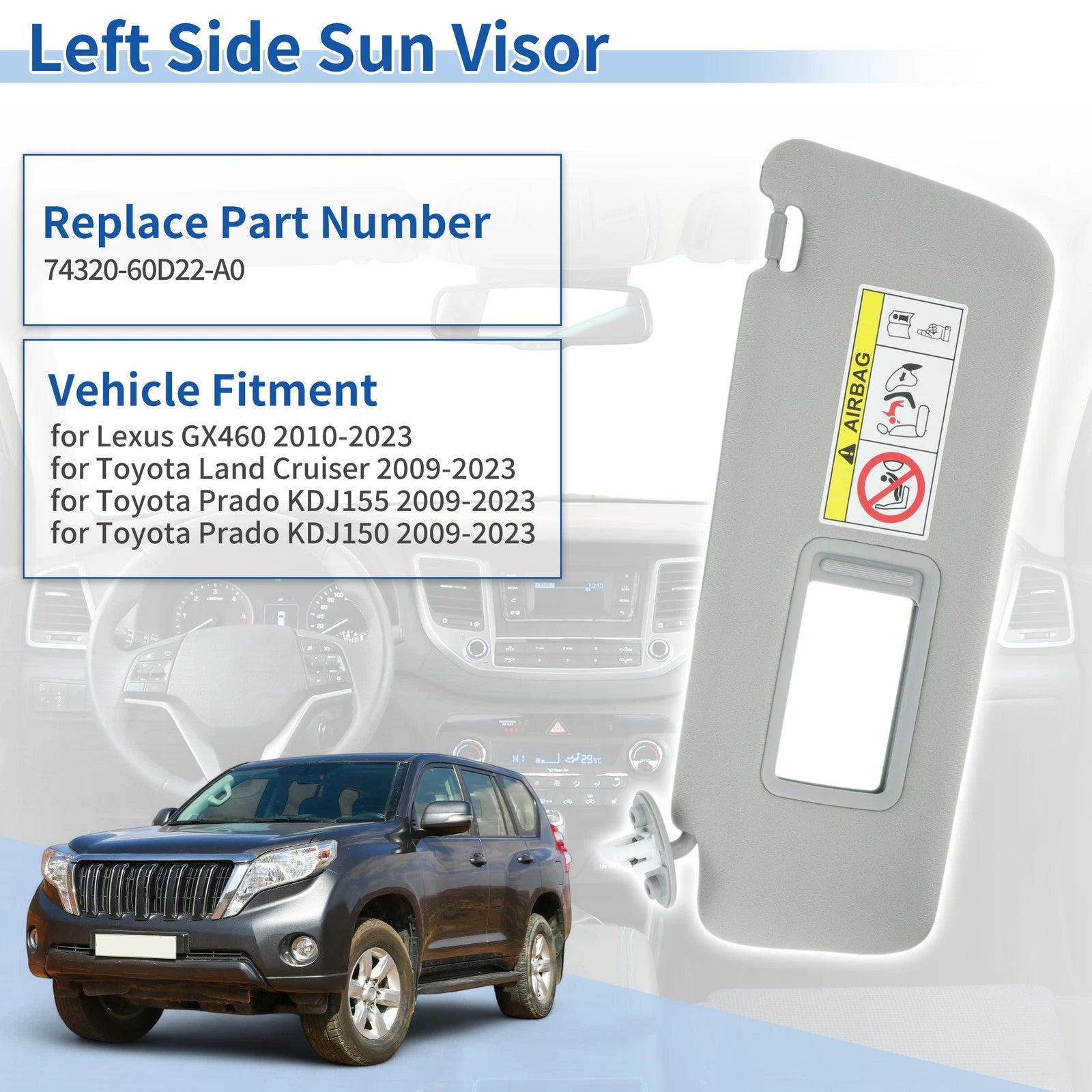 Left Side Sun Visor for Lexus GX460 (2010–2023) No. 74320-60D22-A0 Gray