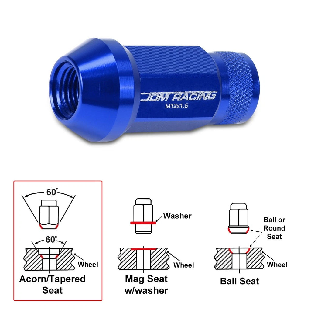 20Pc M12X1.5 Blue JDM Open End Cone Seat Hex Wheel Lug Nuts + Extension 25mmx50mm