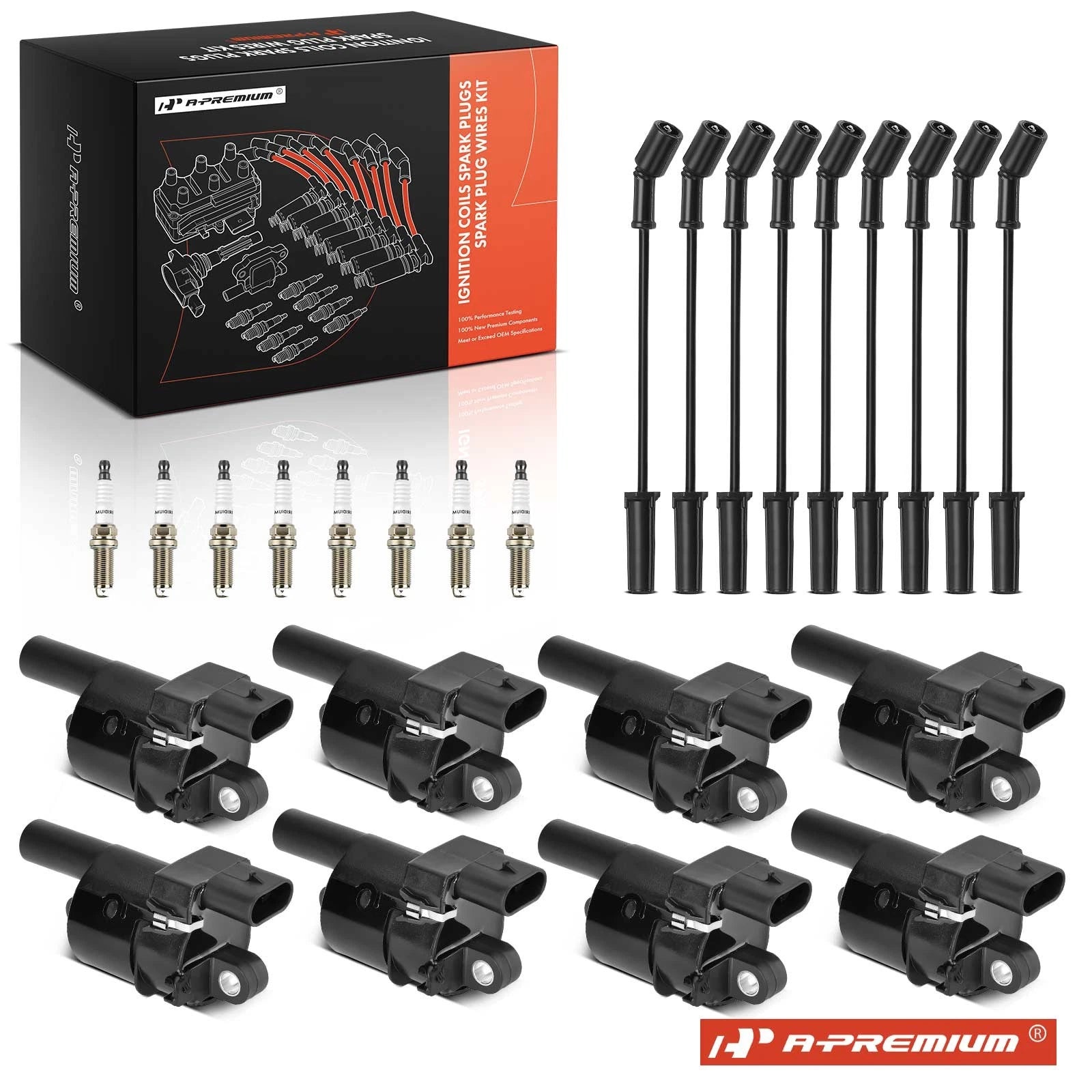 Set of 8 Ignition Coils, Iridium Spark Plugs & Wires for Buick GMC