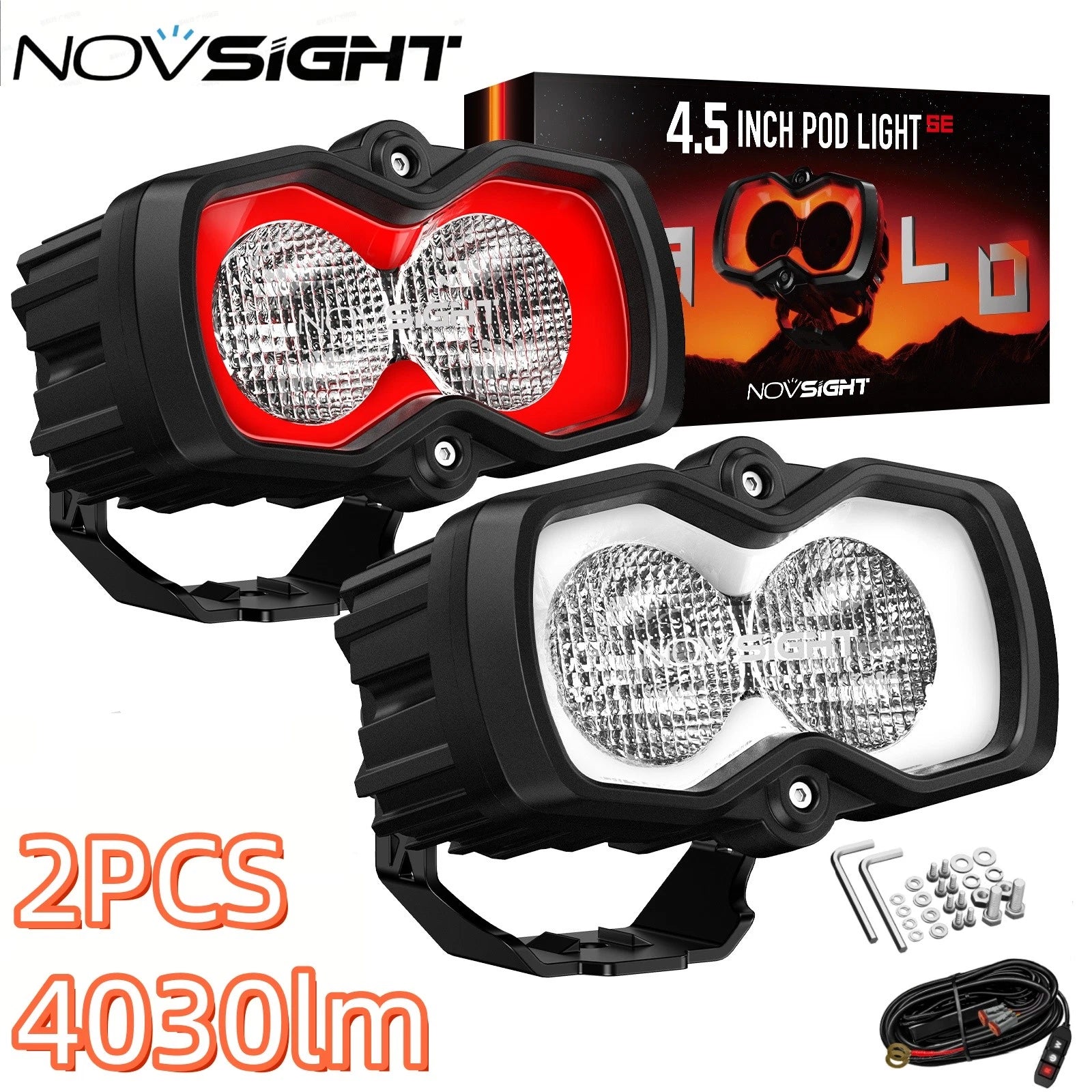 2X NOVSIGHT HALO 4.5" LED Pod Work Flood Light for Off-Road Vehicles
