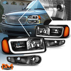 LED DRL Headlight Set for Yukon XL/Sierra Denali (2000–2006) w/ Bumper Lamps Black/Amber
