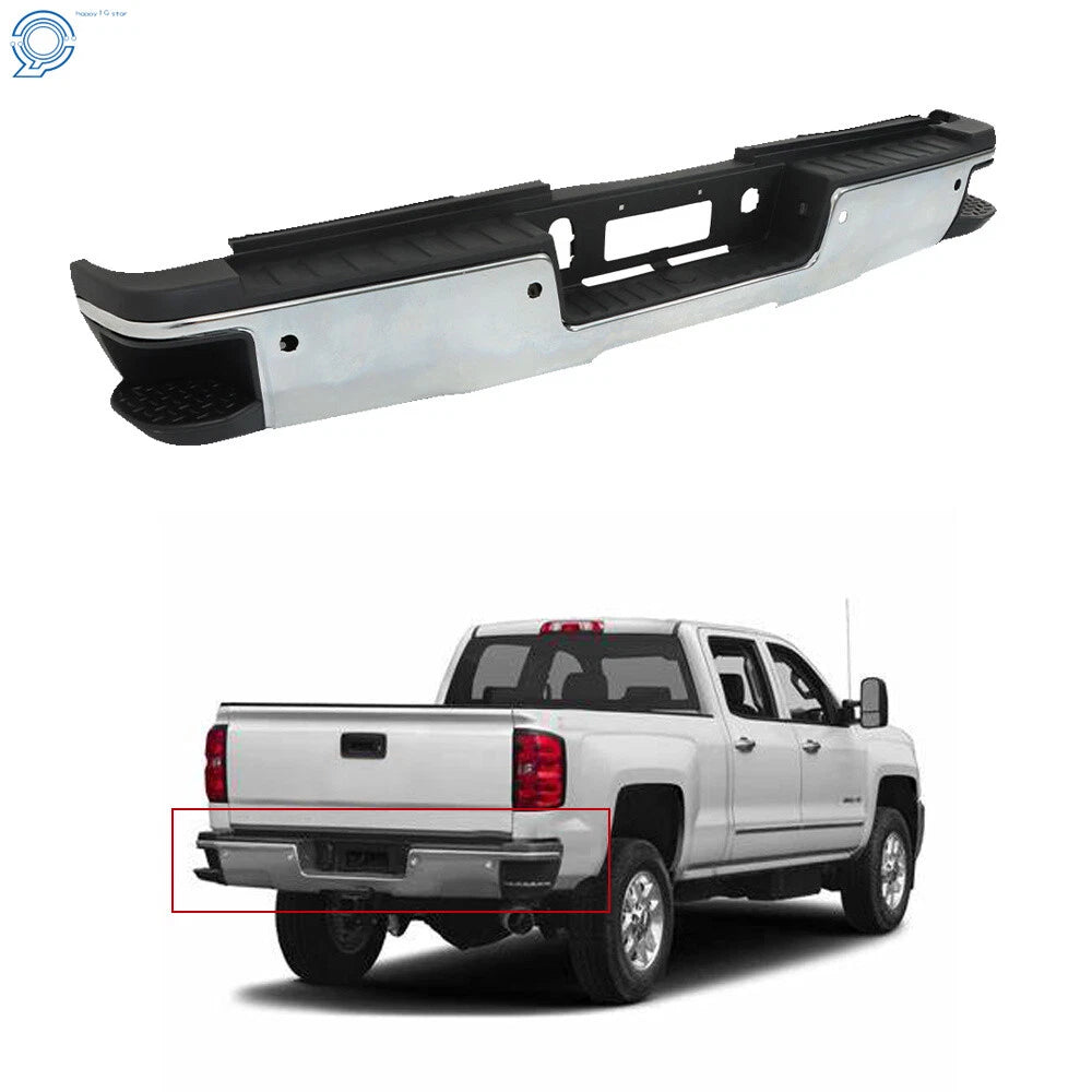 Chrome Rear Bumper with Park Assist for Silverado Sierra 2500 3500 (2015–2019)