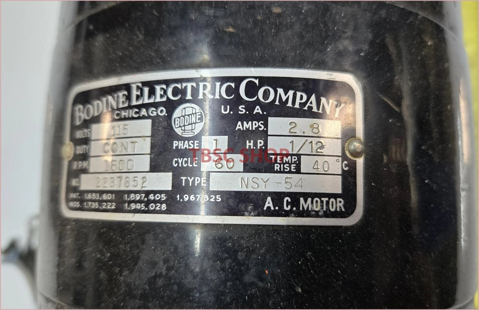 Bodine NSY-54 Motor 115V 2.8A 1800 RPM 1/12 HP for Electric Applications