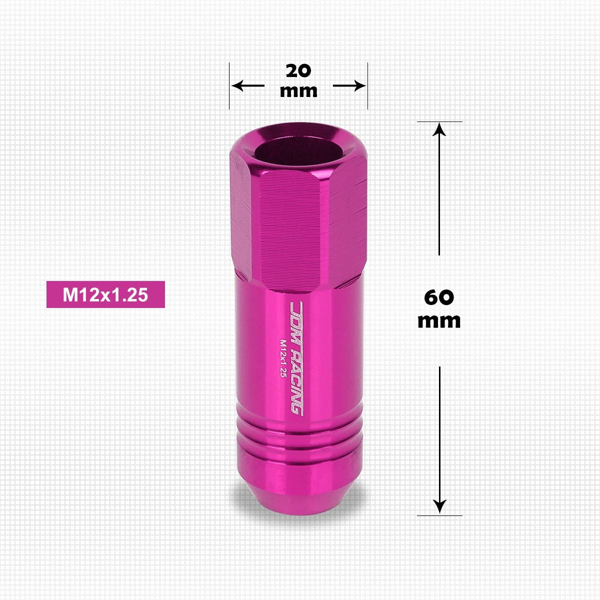 20Pc M12X1.25 Pink JDM Open End Conical Hex Wheel Lug Nuts + Extension 20mm