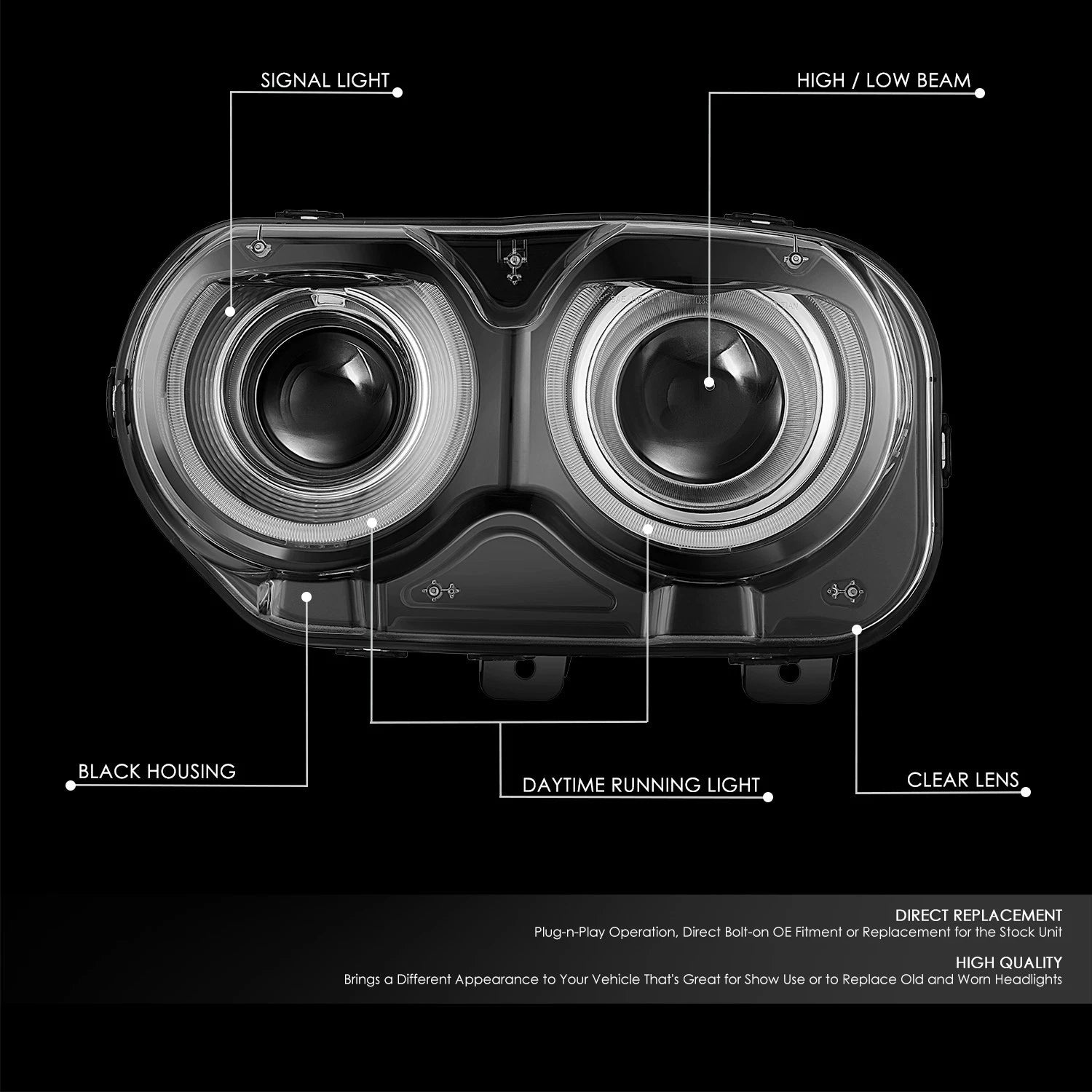 Left Headlight Assembly for Dodge Challenger (2015–2023) - Black Projector LED