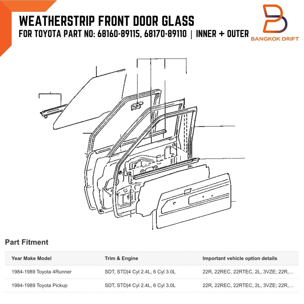 Inner Outer Weatherstrip FR Door Glass for Toyota Hilux 84-89, 4Runner 84-89