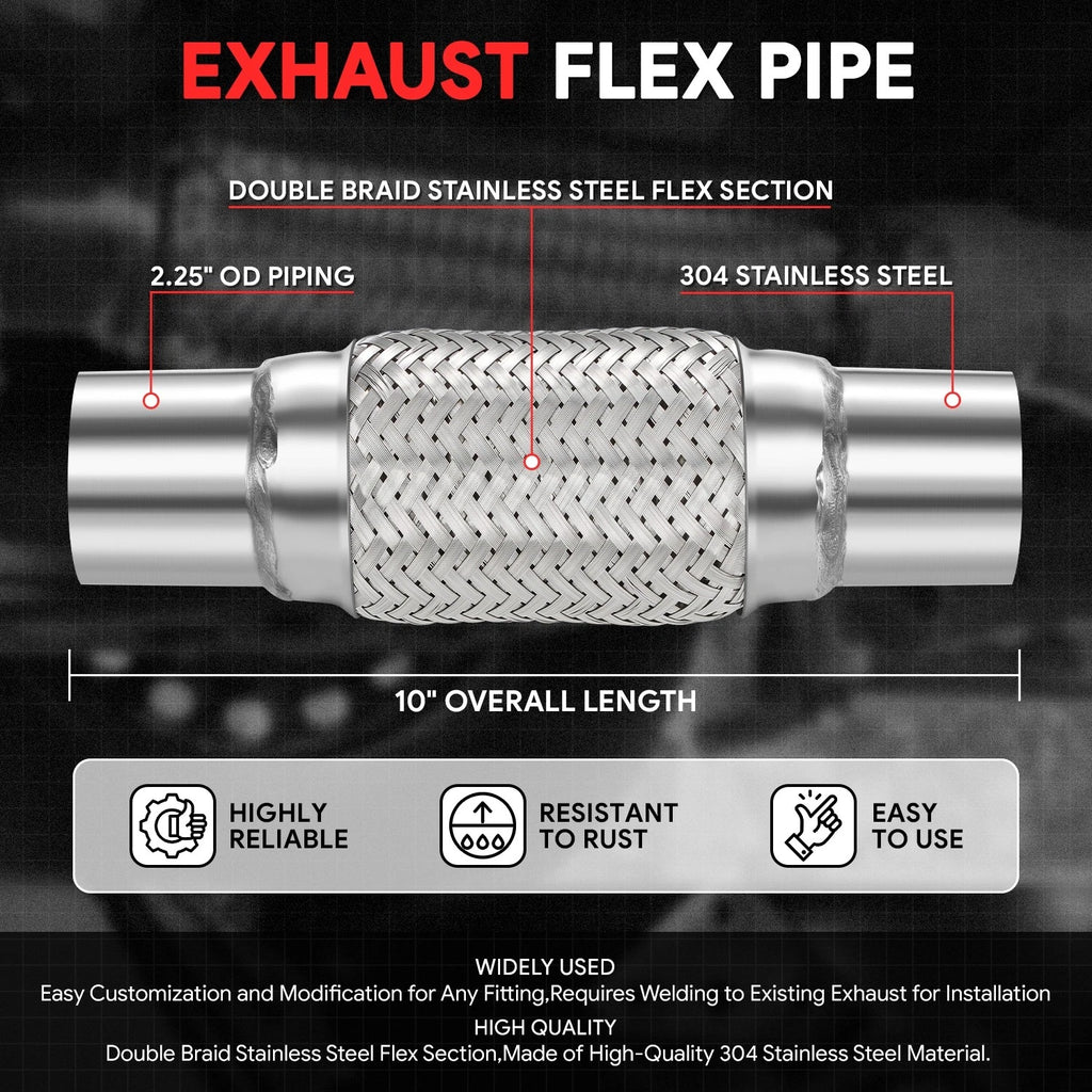 10" Double Braid Stainless Steel Flex Pipe for Custom Exhaust (2.25" OD)