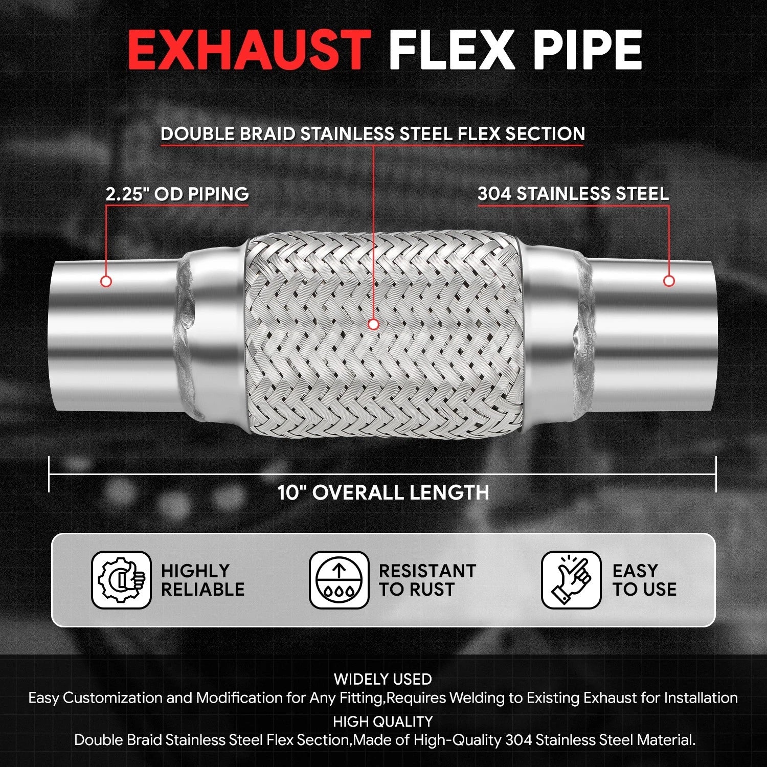 10" Double Braid Stainless Steel Flex Pipe for Custom Exhaust (2.25" OD)