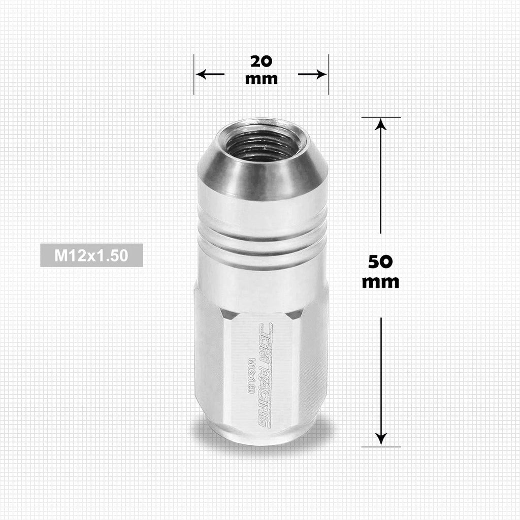 Set of 20 M12X1.5 Silver JDM Closed End Cone Hex Wheel Lug Nuts + Extension 20mm