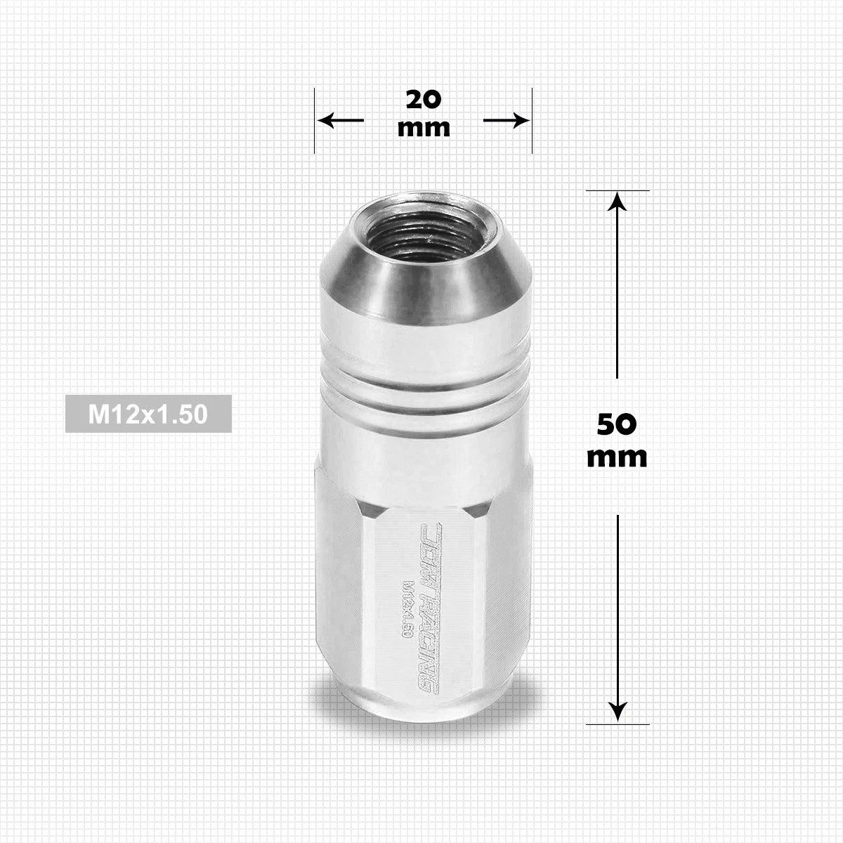 Set of 20 M12X1.5 Silver JDM Closed End Cone Hex Wheel Lug Nuts + Extension 20mm