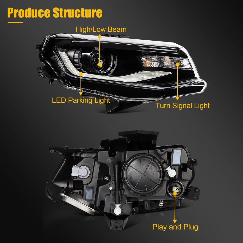 Pair HID Xenon Headlights with LED DRL Black Projector for Chevy Camaro (2016–2022)