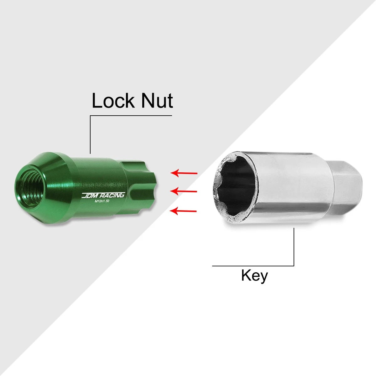20Pc M12X1.5 Green JDM Open End Aluminum Spline Wheel Lug Nut + Lock Key