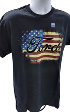 Black Ford Script T-Shirt with Emblem for Men USA American Flag Background
