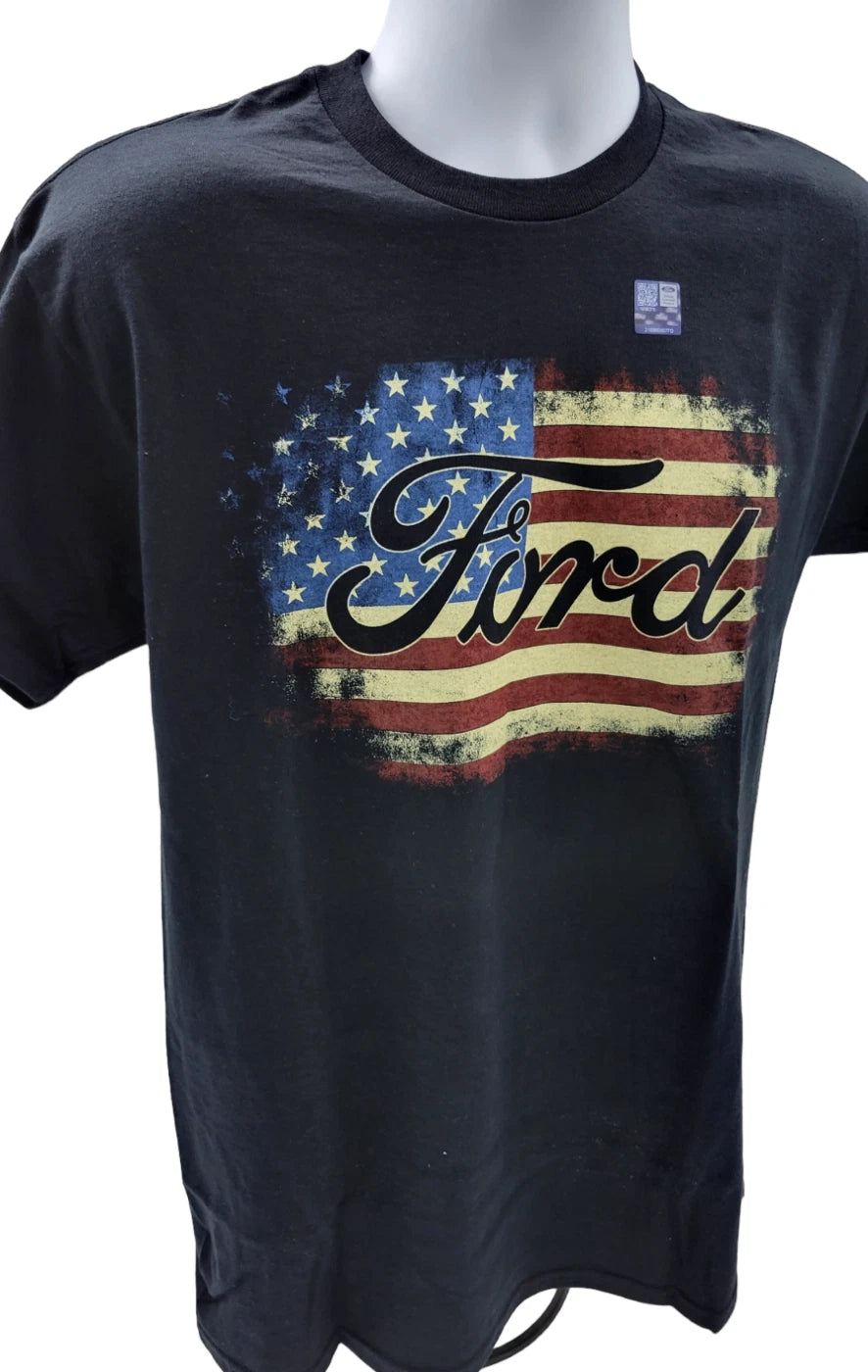 Black Ford Script T-Shirt with Emblem for Men USA American Flag Background