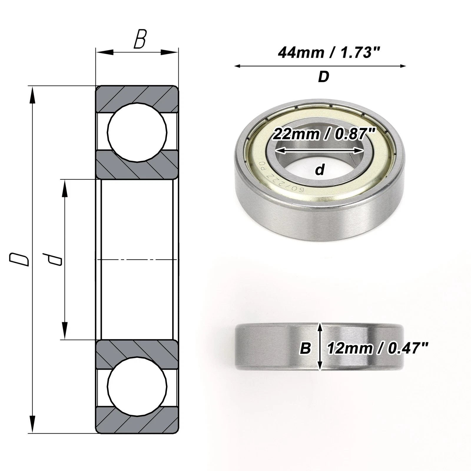 Deep Groove Ball Bearing 22x44x12mm for Scooter Skateboard (1 Pc)