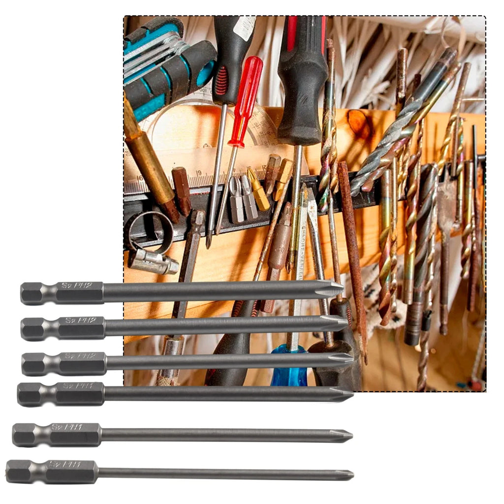 Set of 6 Magnetic Screwdriver Bits 1/4" 100mm Long