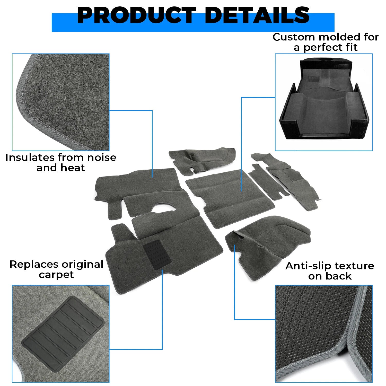 Set of 6 Carpet Floor Mats for Jeep Wrangler TJ (1997–2006) - Gray