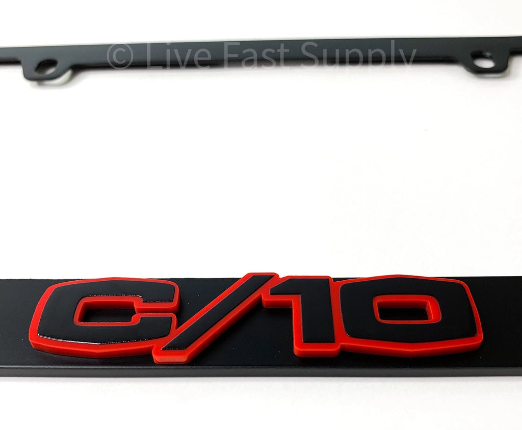 Matte Black Premium License Plate Frame w Red Outline Script for Chevy C10 (1960–1969)