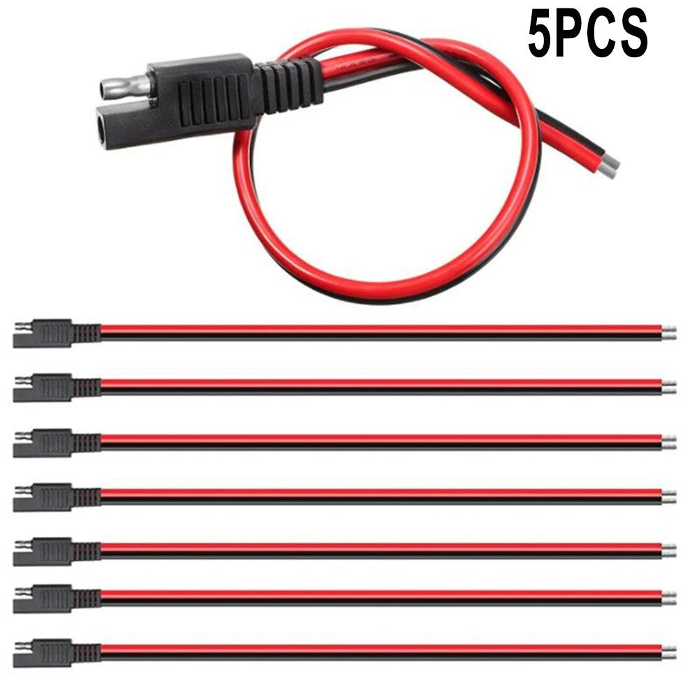 Set of 5 Black Red SAE Extension Cords 15/30cm 12V DC 14AWG Connector