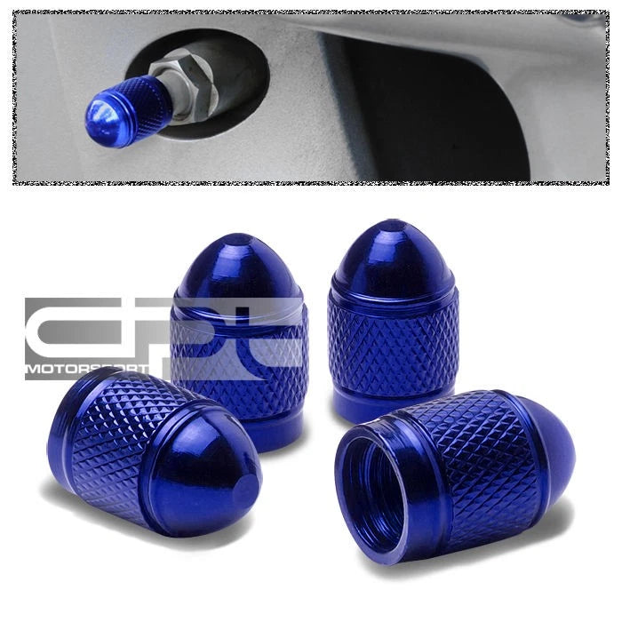 Set of 4 Aluminum Bullet Style Tire Rim Valve Air Port Cover Caps - Blue