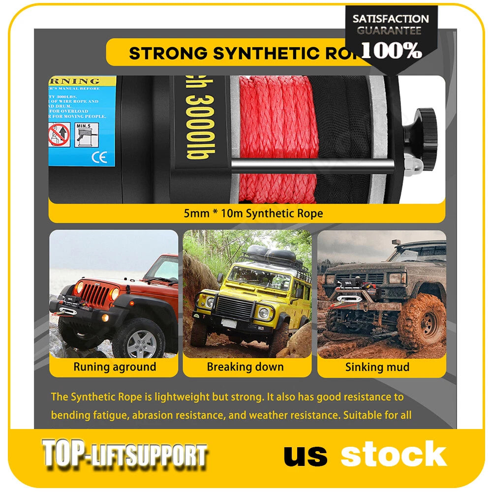 3000LBS Electric Winch for Truck Trailer - Waterproof Synthetic Rope