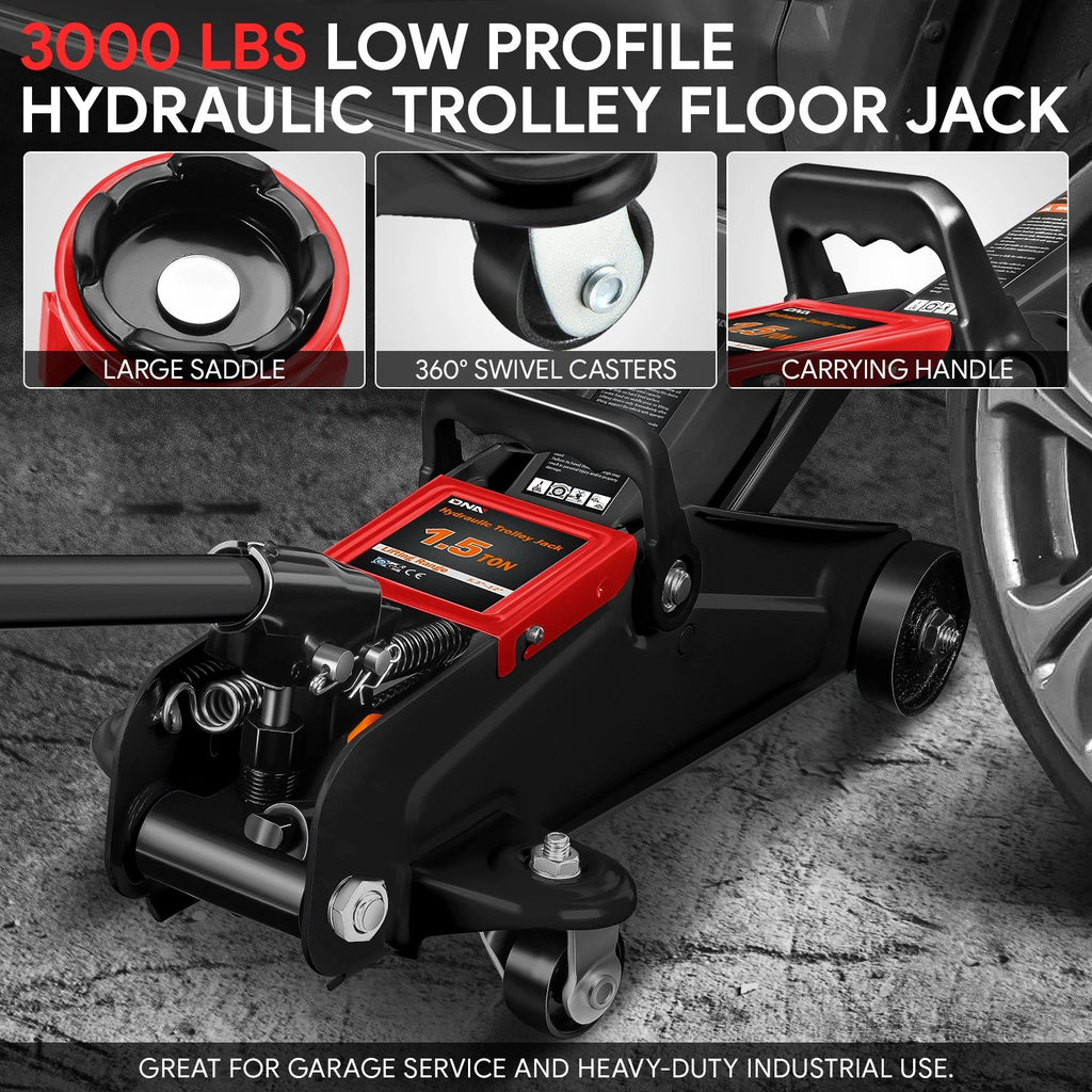 1.5 Ton Hydraulic Floor Jack 3000lbs Capacity with Swivel Casters