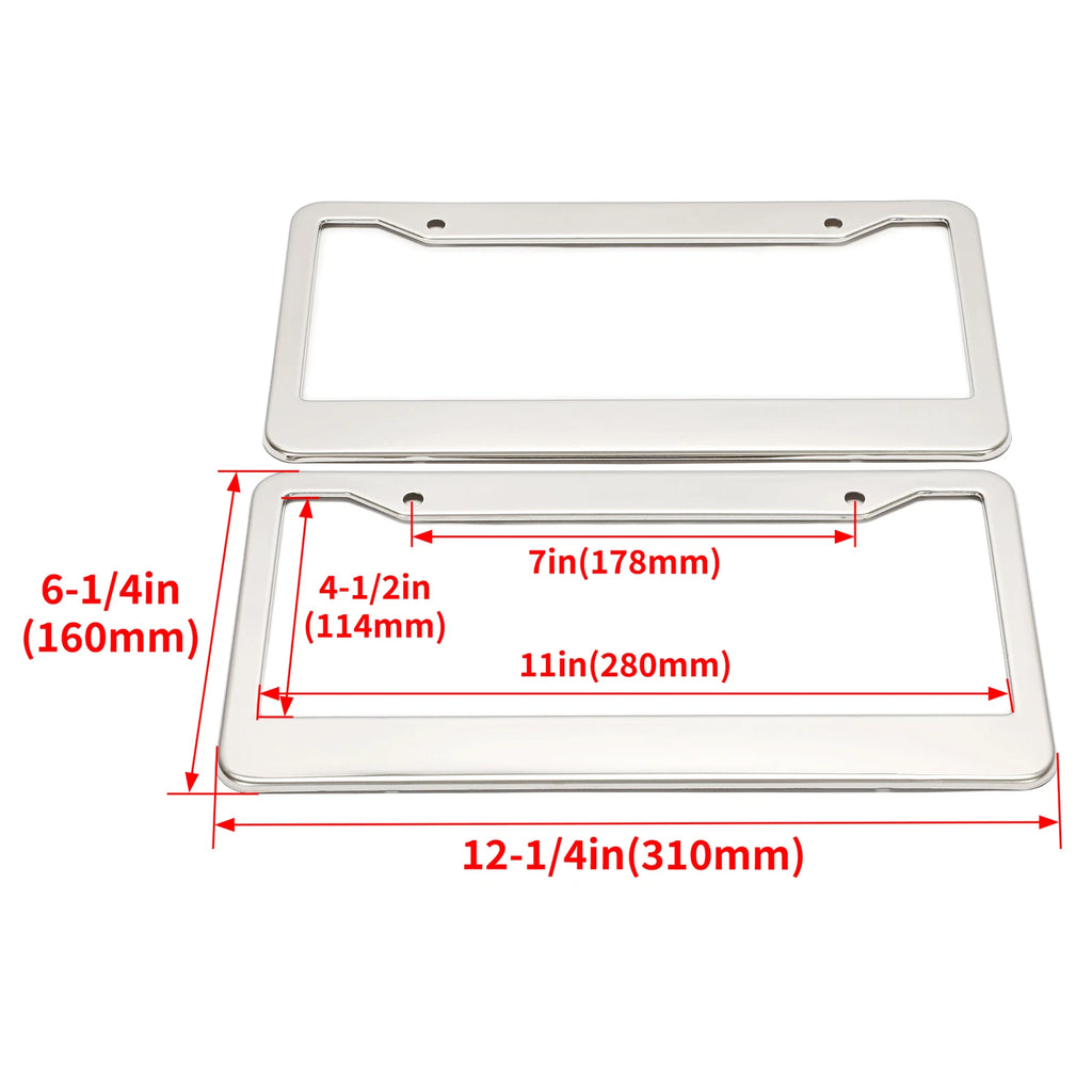 Set of 2 Chrome Stainless Steel License Plate Frames for Vehicles