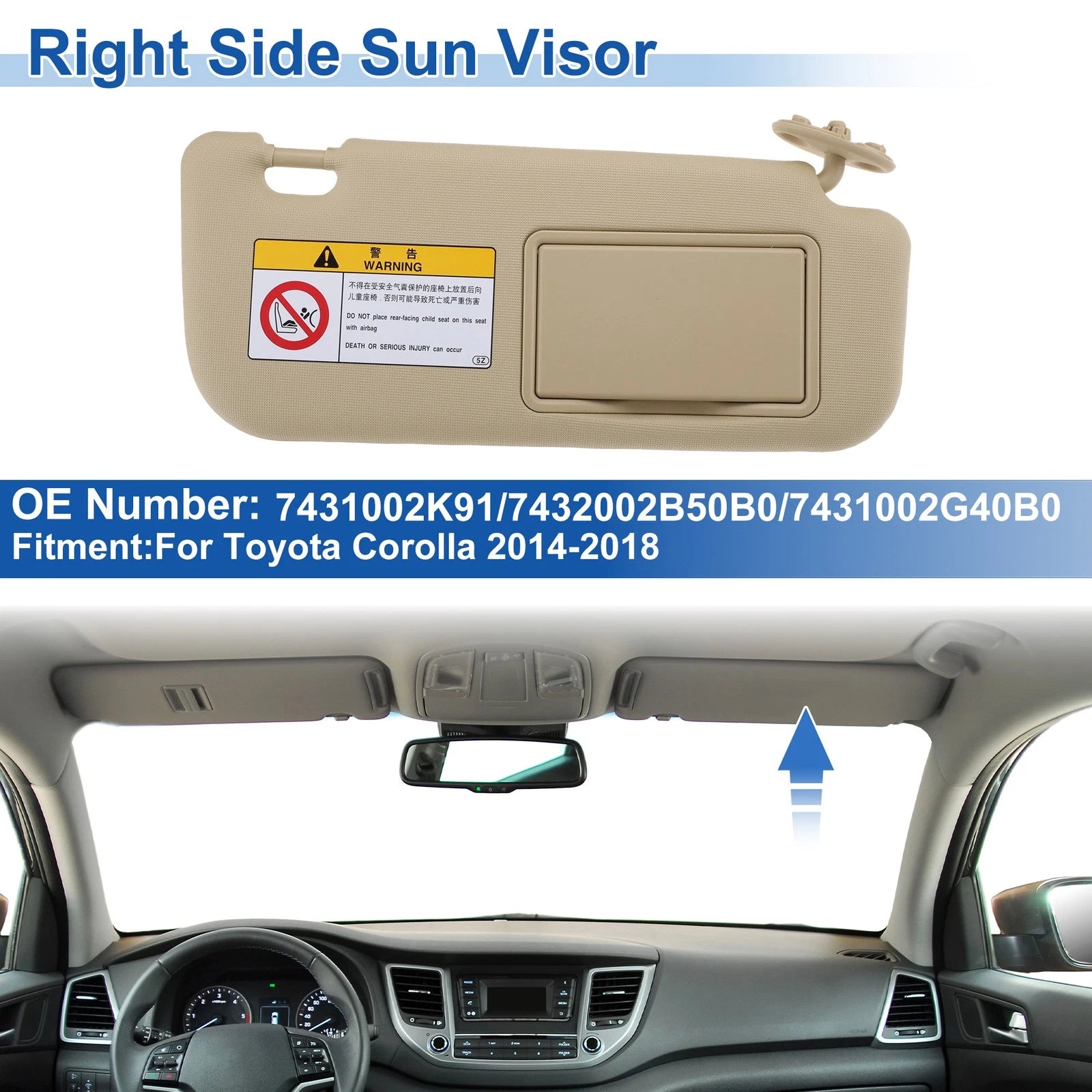 Right Side Sun Visor for Toyota Corolla (2014–2018) No. 7431002K91 Beige