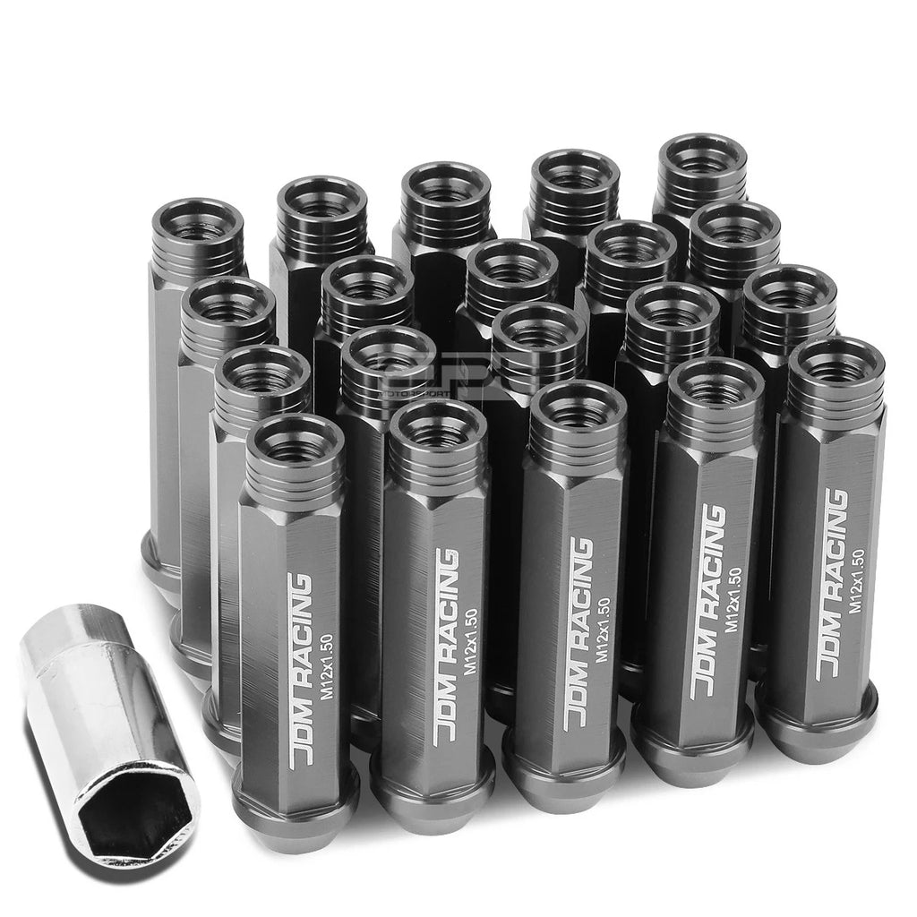 Set of 20 Open End M12x1.5 90mm Tall Gun Metal Aluminum Lug Nuts + Adapter