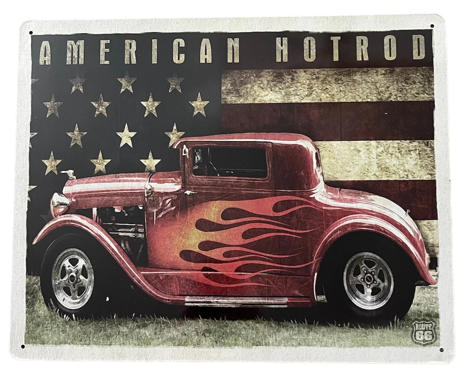 Distressed Route 66 Metal Sign for Man Cave Garage (American Hot Rod)