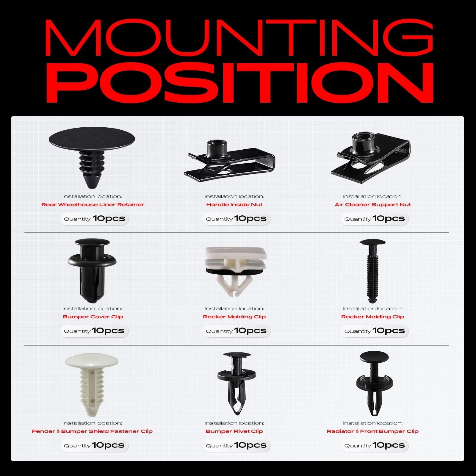 Set of 170 Rocker Molding Clips for Ford Mustang