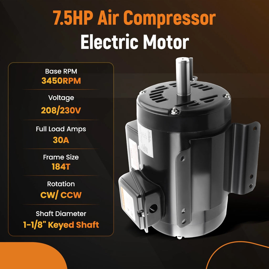 7.5HP Electric Motor for Air Compressor 230V 3450RPM 184T Frame CW/CCW
