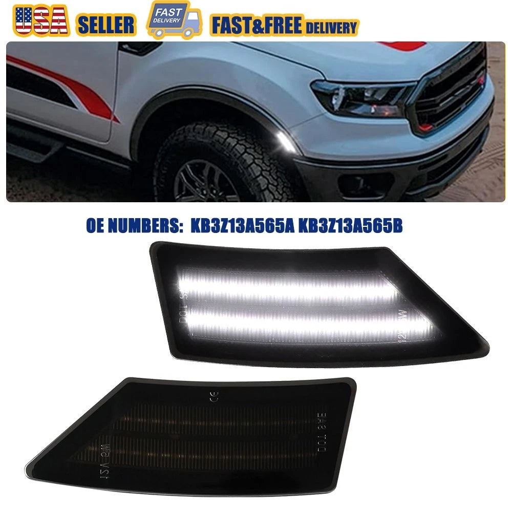 Smoked Lens White LED Front Fender Side Marker Lights for Ford Ranger (2019–2022)