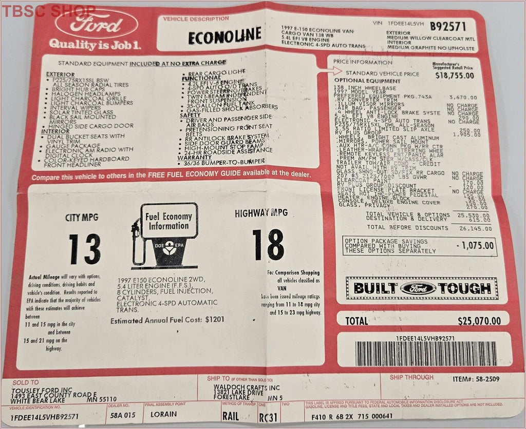 OEM Window Dealer Sticker for Ford Econoline E150 (1997)
