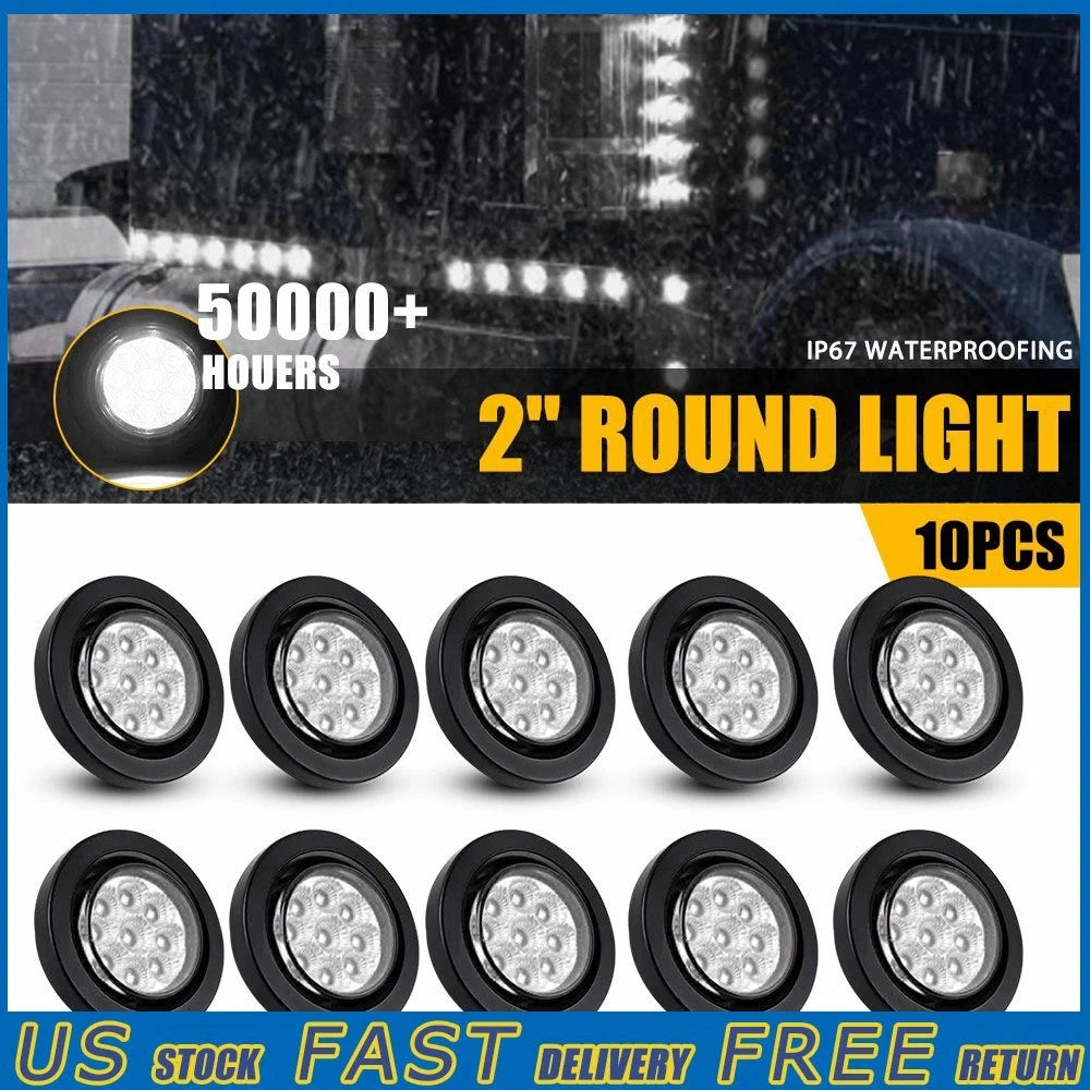 10pcs 2 Inch 9 LED White Round Side Marker Lights for Truck Trailer